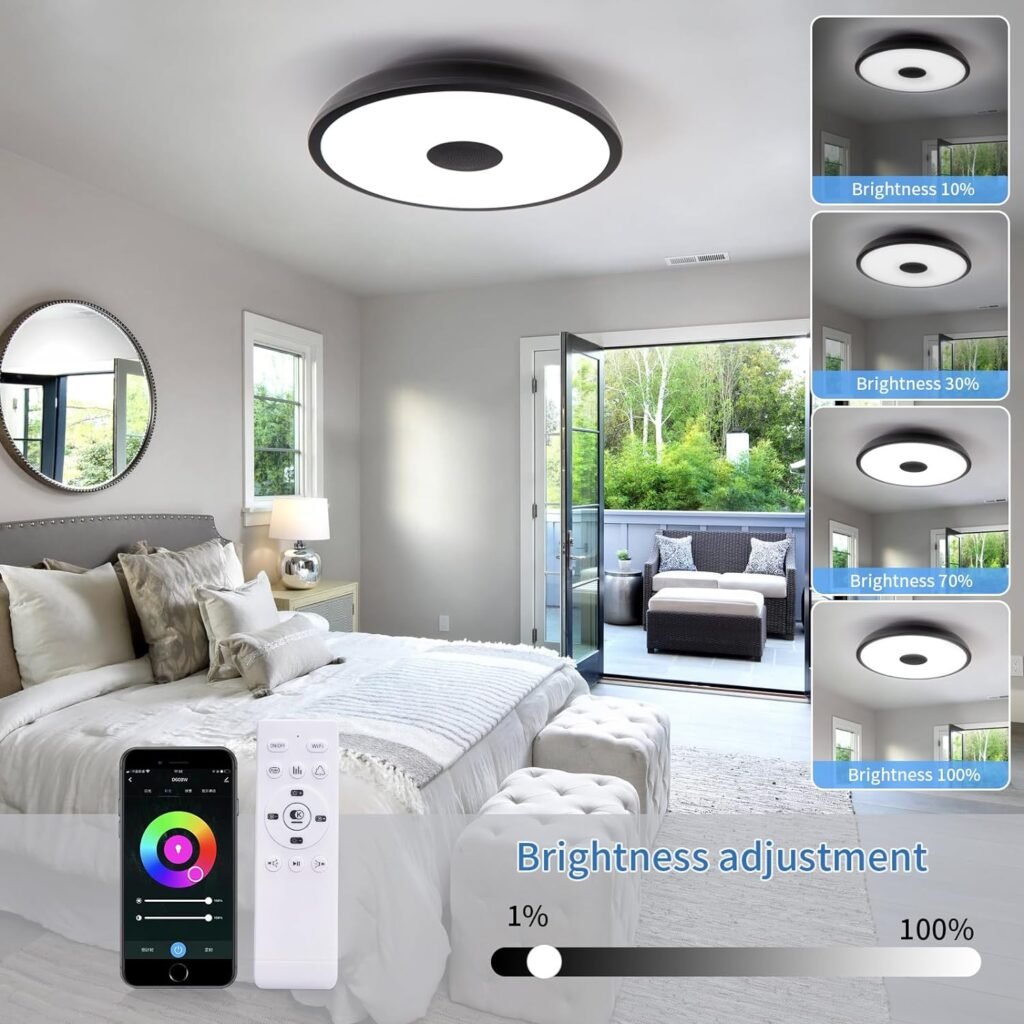 ASALL Smart Waterproof LED Ceiling Light Fixture,with Bluetooth Speaker,11Inch 18W, 2700K-6500K Dimmable Music Lamp,RGB Color Changing Light with Remote Control,Suitable for Bathroom,Shower,Bedroom