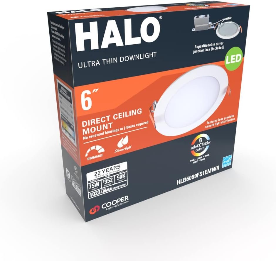 HALO 4 inch Recessed LED Ceiling  Shower Disc Light – Canless Ultra Thin Downlight – 5CCT Selectable- White
