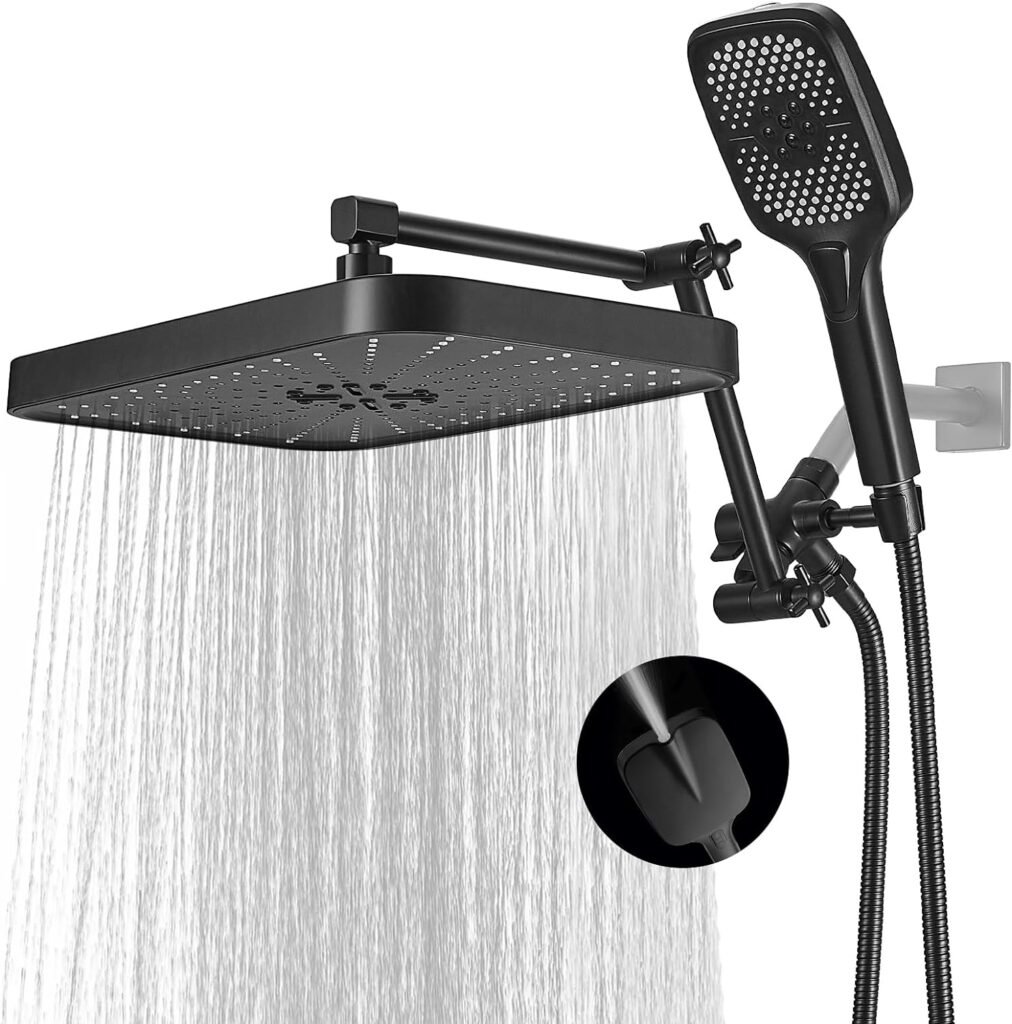 Jcrob 14 Inch Shower Head With Handheld, High-Pressure Rain/Rainfall Shower Heads With 3+1 Settings Handheld Spray, Including 3-Way Diverter, Extension Arm - Height/Angle Adjustable(Matte Black)