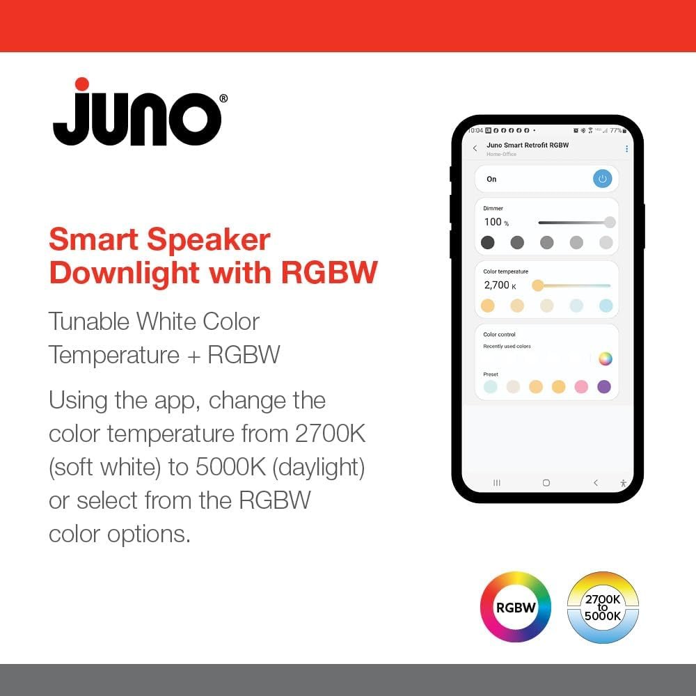 Juno J6SLC RGBW MW M6 Smart RGBW Speaker Downlight, Dynamic Color Red Green Blue White, Matte White, 6-Inch