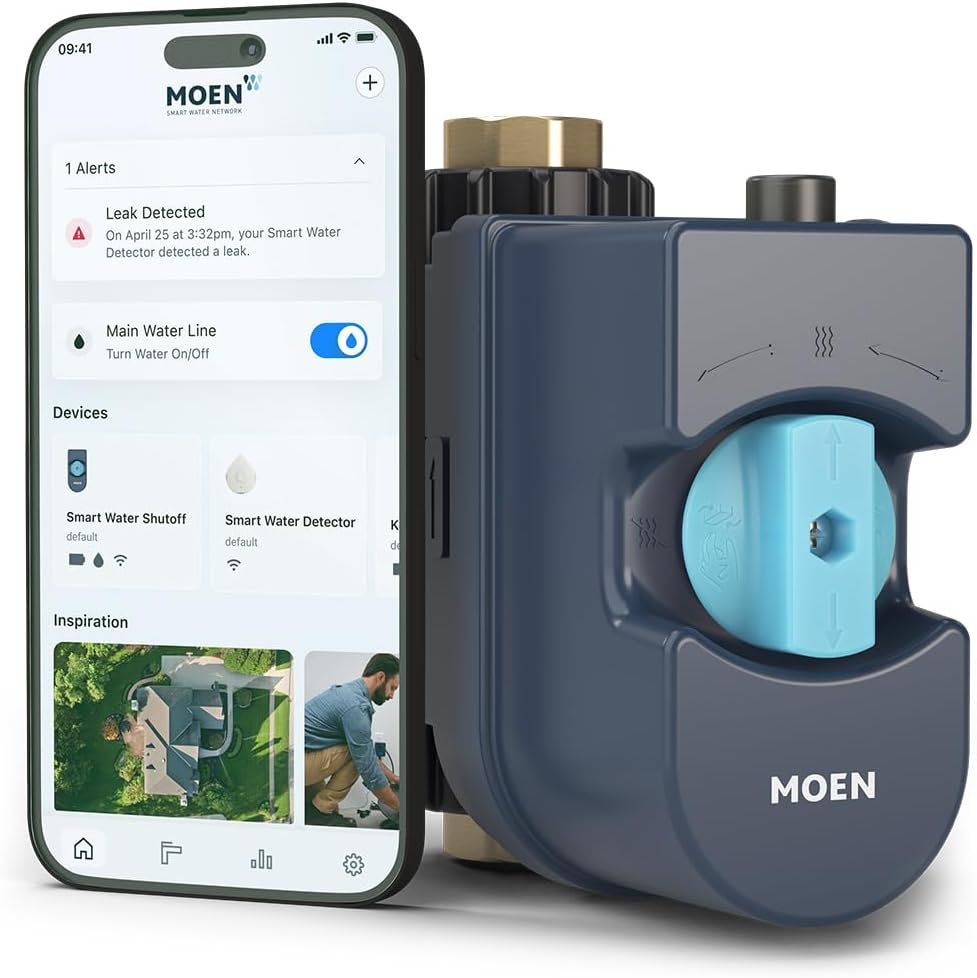 Moen 900-001 WI-FI Smart Water Monitor for 3/4-inch Pipes - Microleak Technology, Automatic Shutoff Sensor, App Dashboard - 24/7 Protection, Temperature, Home, Monitors