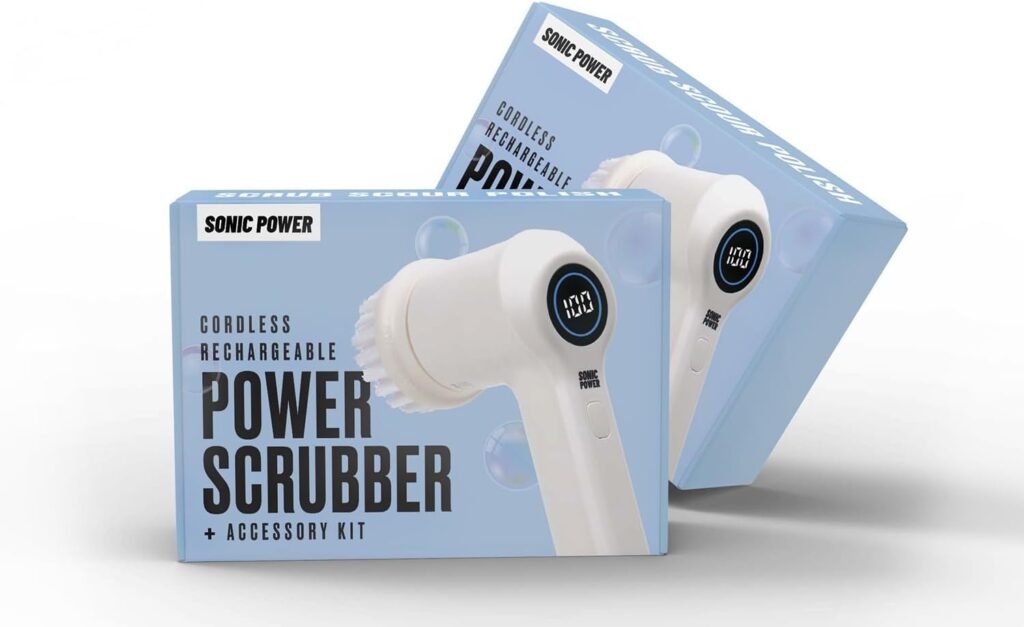 SonicPower Electric Spin Scrubber, Handheld  Ergonomic, IPX 7 Waterproofing, 4 Multi-Purpose Attachments Included, 2 Scrubbing Speeds, Long Lasting Rechargeable Battery