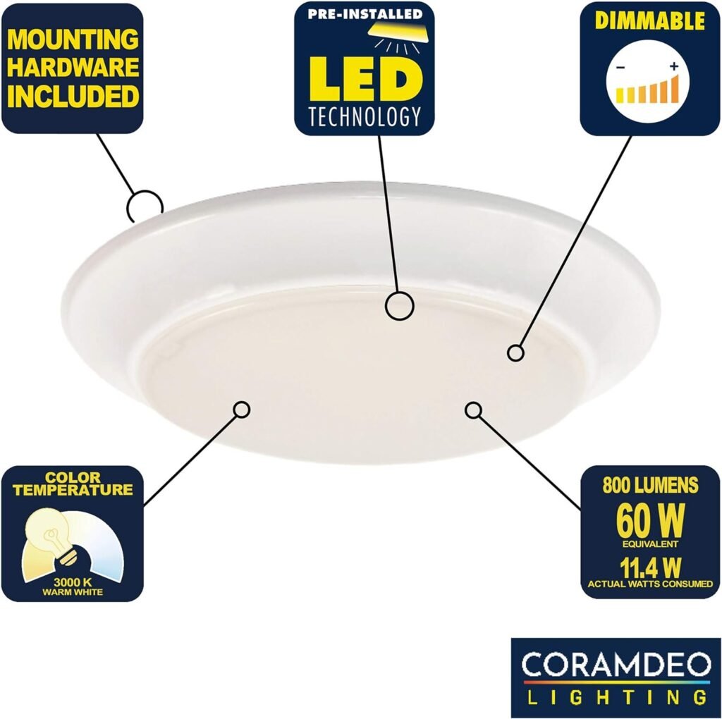 CORAMDEO 7.5 Inch LED Flush Mount Ceiling Light Fixture, Closet, Bathroom, Shower, Laundry, Hallway, Pantry, 3K, Built in LED 75W of Light from 11.5W of Power, 800 Lumen, Dimmable, White Finish