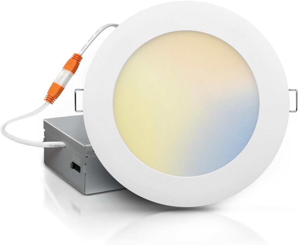 ECOELER 6 Inch Ultra-Thin LED Recessed Light with Junction Box, 2700K/3000K/4000K/5000K/6000K Selectable, 12.5W 110W Eqv, Dimmable, 1100LM High Brightness - ETL and Energy Star Certified
