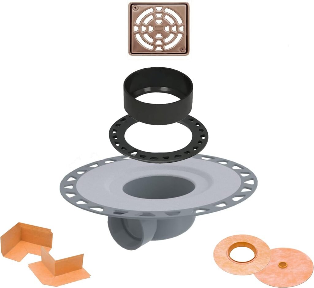 Schluter Systems Kerdi Shower Drain Cover Kit with Vertical ABS 2 Inch Flange, 4 Inch Drain Grate Curve Design with Matte Black Finish, and with Corners and Seals for ABS Plastic Pipe