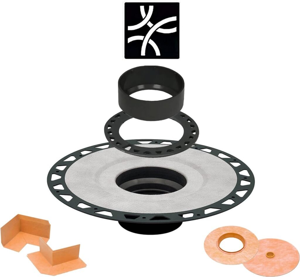 Schluter Systems Kerdi Shower Drain Cover Kit with Vertical ABS 2 Inch Flange, 4 Inch Drain Grate Curve Design with Matte Black Finish, and with Corners and Seals for ABS Plastic Pipe