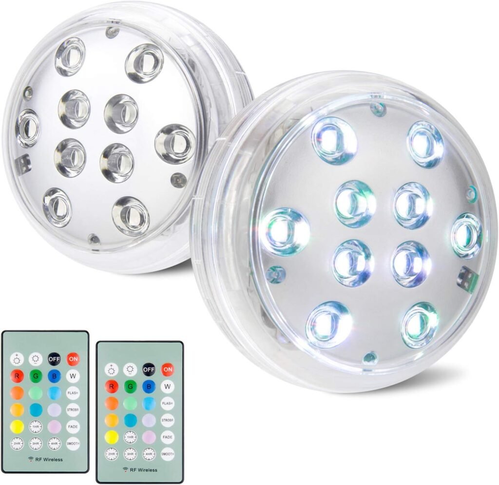 Battery Operated Shower Lights Waterproof, Submersible Led Pool Light, Dimmable RGB Under Water Light with Remote and Timer, Adhesive Color Changing Lights for Bathtub Vase Fish Tank Pond