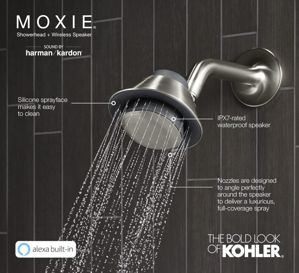 KOHLER Moxie Alexa Enabled Showerhead, Bluetooth Shower Speaker, Shower Radio, Rechargeable Speaker, Portable Speaker, 1.75 GPM, K-28238-GKA-CP, Polished Chrome