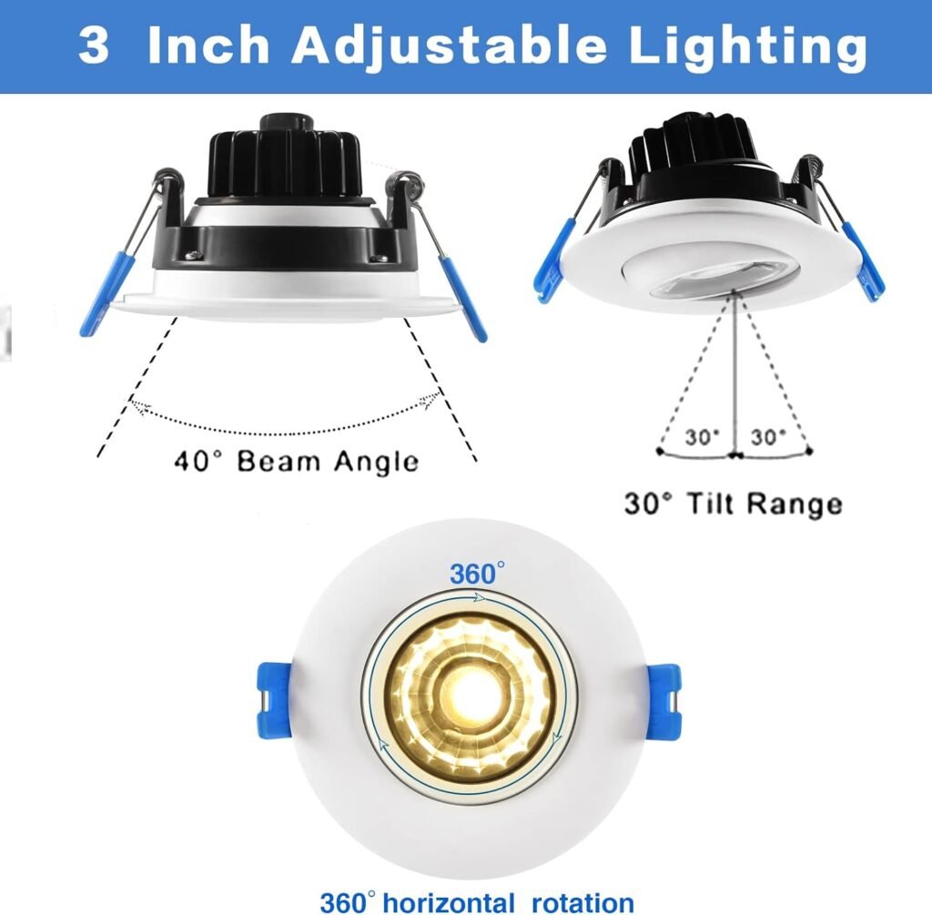 3 Inch Waterproof recessed Shower Lights, 9W COB 3 Colors Adjustable Gimbal Ceiling Recessed Lighting for Bathroom,Bedroom,Kitchen,Balcony