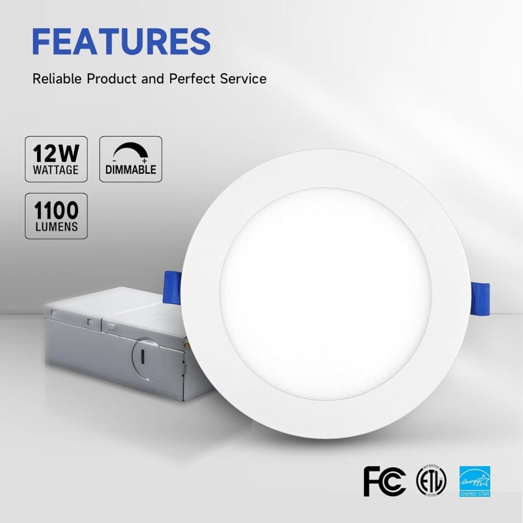 ECOELER 6 Inch Slim Recessed Lighting with Junction Box, Dimmable Recessed Can Lights, 5000K Daylight, 12W 1100Lm Dimmable LED Downlight, ETL  Energy Star