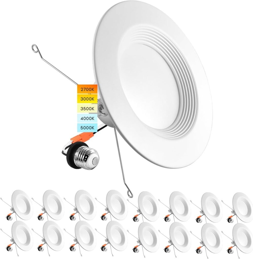 LUXRITE 5/6 Inch LED Recessed Retrofit Downlight, 14W=90W, CCT Color Selectable 2700K | 3000K | 3500K | 4000K | 5000K, Dimmable Can Light, 1100 Lumens, Wet Rated, Energy Star, Baffle Trim (4 Pack)
