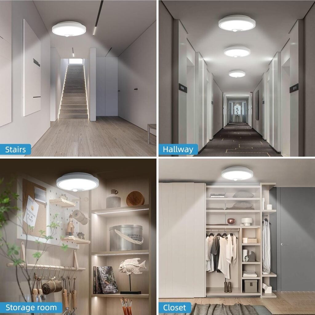 Rechargeable Motion Sensor Ceiling Light Indoor, Wireless Battery Powered Shower Light, 3000K/4000K/6000K, Activated Flush Mount LED for Closet Pantry Shed Stair Hallway