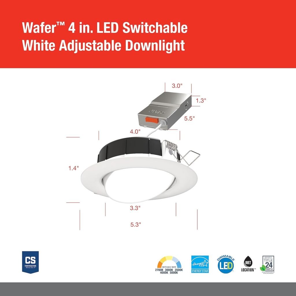 WF6 ADJ SWW5 90CRI MW M6 Wafer-Thin LED Downlight, Adjustable Trim, Switchable CCT 2700K, 3000K, 3500K, 4000K, and 5000K, 90+ CRI, Matte White, 6-Inch