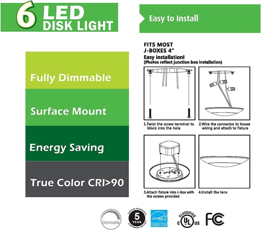 7.5 Flush Mount Ceiling Light, Dimmable LED Light, Disk Lights, Ceiling Light Fixture, 15W (120W Equivalent), 120V, 4000K, ETL, Wet Location LED Light - 4/6 J-Box (Natural White)