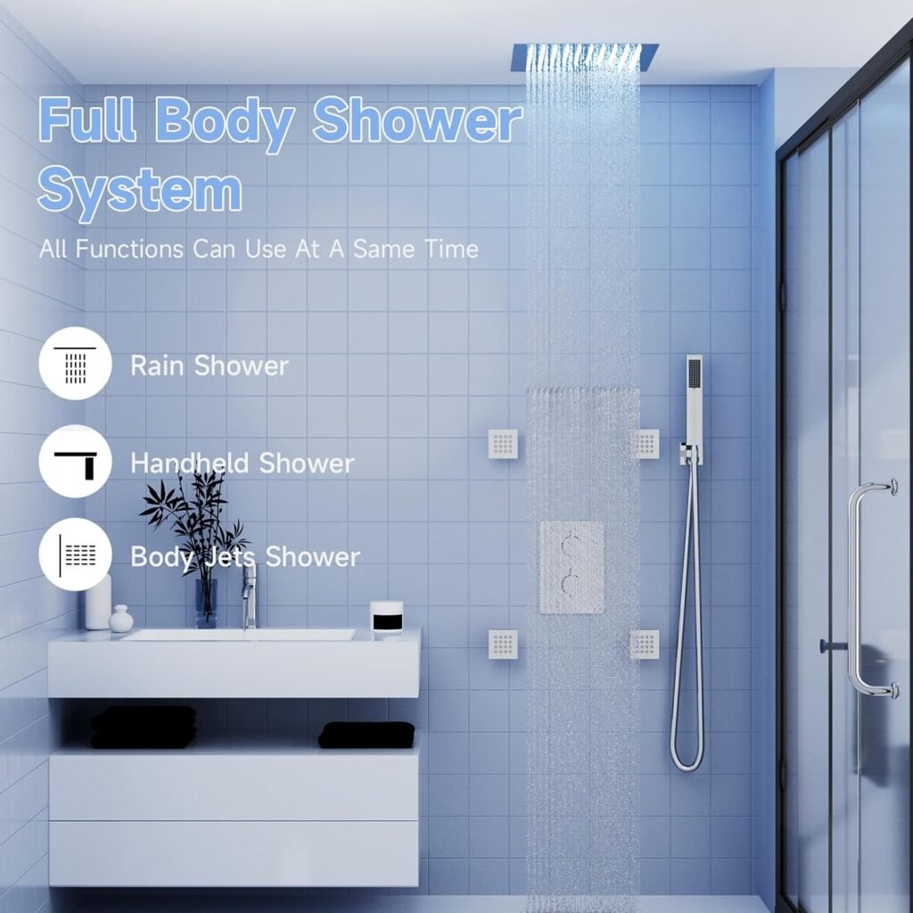 Black Rain Shower System, 24 Thermostatic Atomizing Shower System with Rain Shower and Handheld Shower, Smart LED Ceiling Rainfall Shower Combo Set