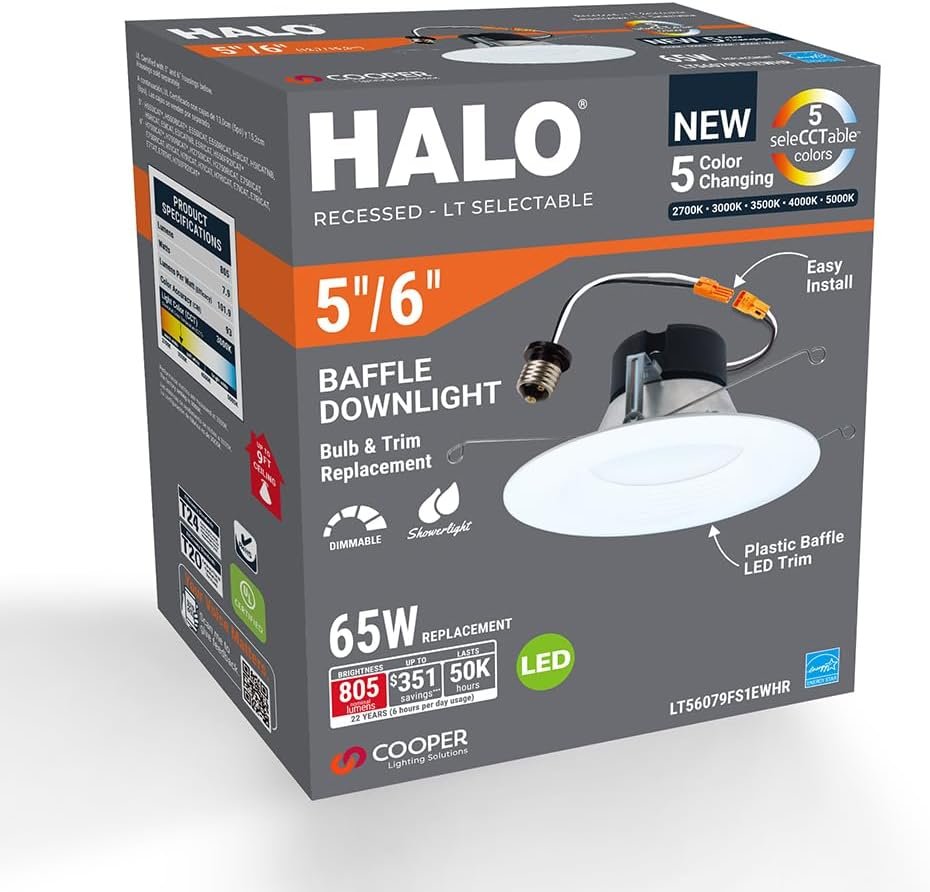 HALO 6 inch Recessed LED Can Light – Retrofit Ceiling  Shower Downlight – 3000K - Baffle White Trim (6 Pack)
