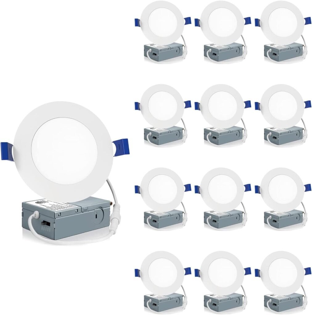 Meconard 12 Pack 4 Inch 5CCT LED Canless Recessed Lighting with Night Light, 2700K/3000K/3500K/4000K/5000K Selectable Ultra-Thin LED Ceiling Lights, 9W=75W, 750LM, Dimmable Wafer Downlight ETLFCC