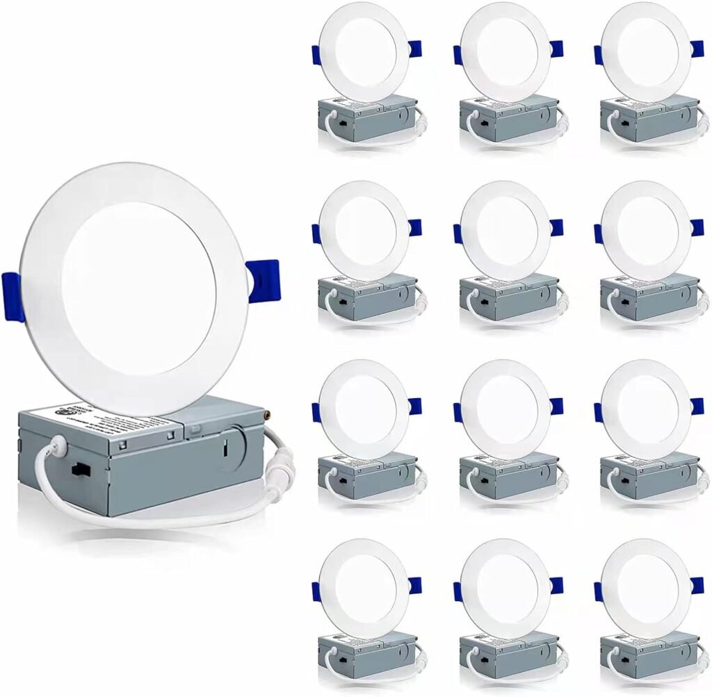 Meconard 12 Pack 4 Inch 5CCT LED Canless Recessed Lighting with Night Light, 2700K/3000K/3500K/4000K/5000K Selectable Ultra-Thin LED Ceiling Lights, 9W=75W, 750LM, Dimmable Wafer Downlight ETLFCC