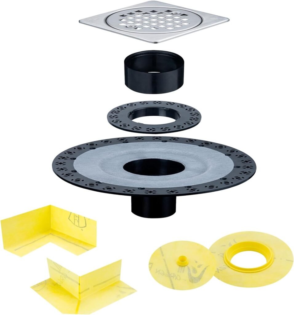 Shower Installation Kits,Systems Shower Drain, Shower Drain Flange Kit 4 Inch Drain Grate Kit,with Vertical ABS 2 Inch, ABS Plastic Pipe, Corners and Seals, CUPC Certification, Brushed