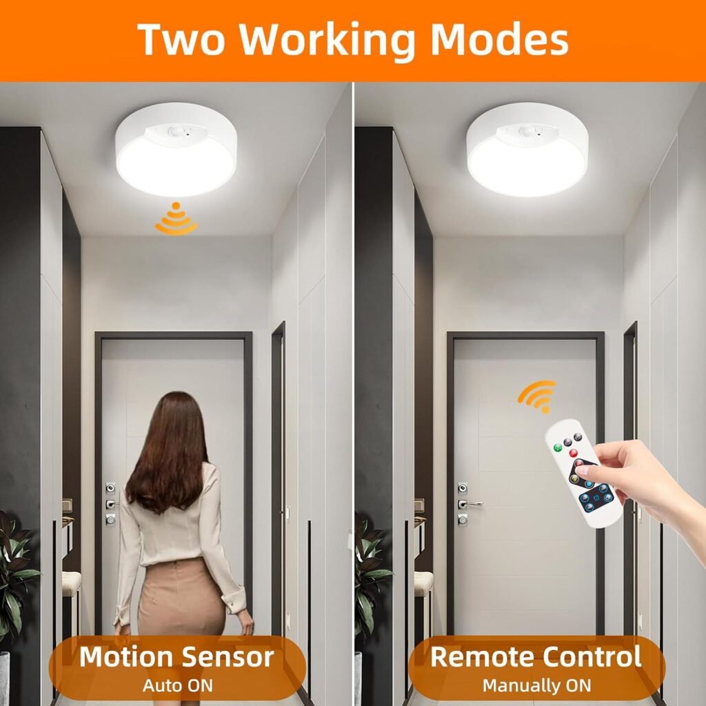 Battery Powered Motion Sensor Ceiling Light with Remote - Battery Ceiling Light for Closet, Shower, Stair, Hallway, ect