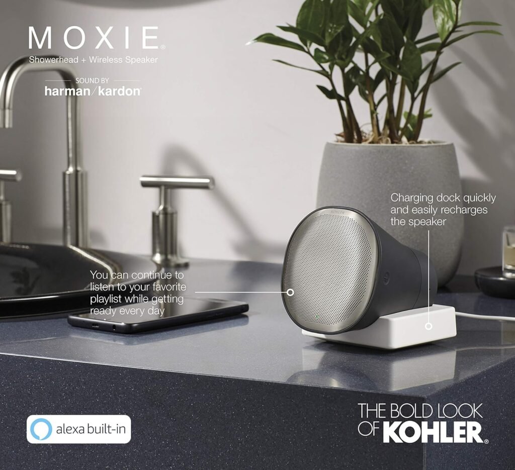 KOHLER Moxie Alexa Enabled Showerhead, Bluetooth Shower Speaker, Shower Radio, Rechargeable Speaker, Portable Speaker, 2.5 GPM, K-28238-NKA-BN, Vibrant Brushed Nickel