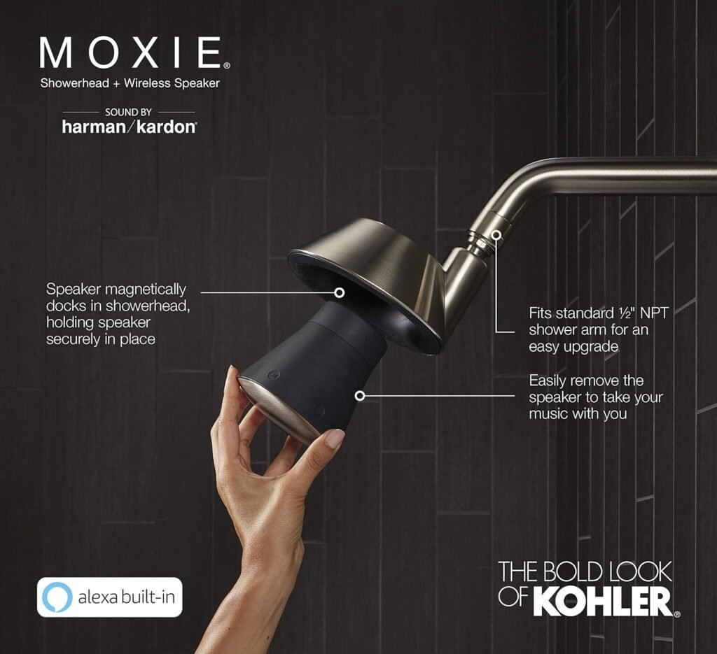 KOHLER Moxie Alexa Enabled Showerhead, Bluetooth Shower Speaker, Shower Radio, Rechargeable Speaker, Portable Speaker, 2.5 GPM, K-28238-NKA-BN, Vibrant Brushed Nickel