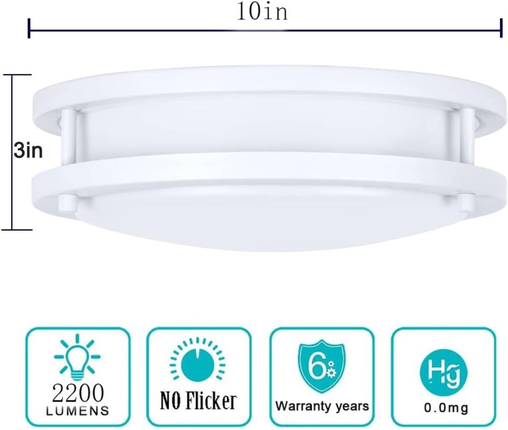 24W LED Ceiling Light Fixture, 10in Flush Mount Light Fixture, Ceiling Lights for Bedroom, Kitchen, Bathroom, Hallway, Stairwell, Super Bright 2200 Lumens, 5000K Daylight White (White)