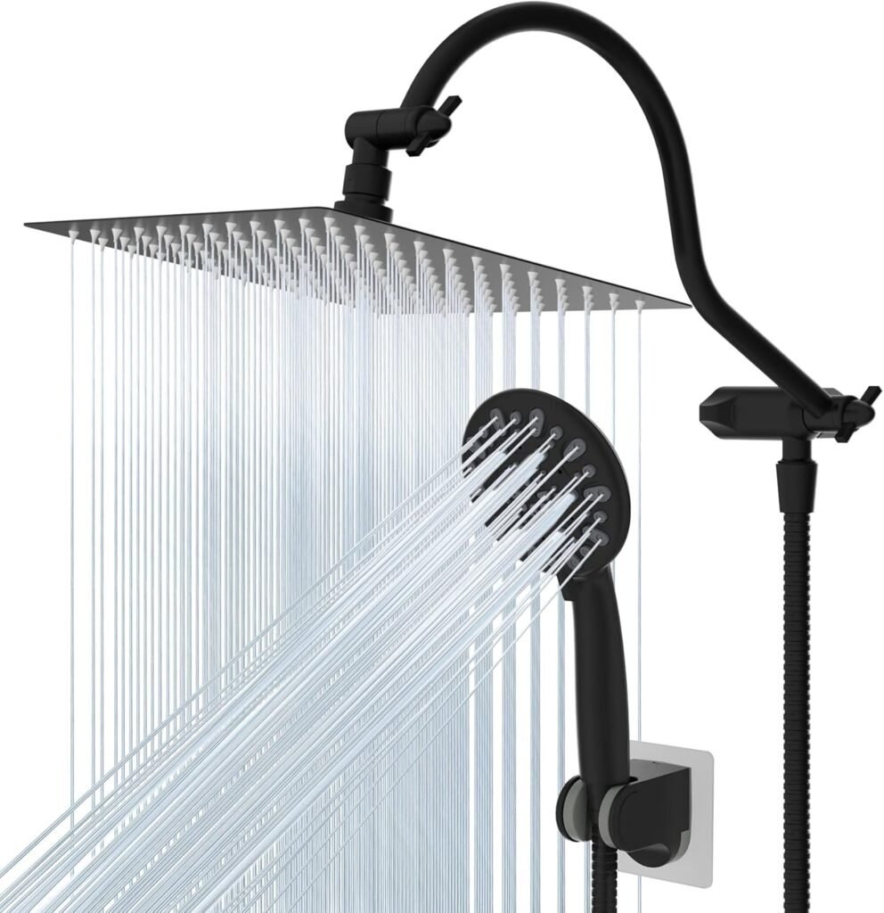 Hibbent All Metal High Pressure Rainfall 10 Inch Shower Head/Handheld Showerhead Combo/ 12 Inch Adjustable Curved Shower Extension Arm, 7-Spray, 71-inch Hose, Adhesive Showerhead Holder, Matte Black