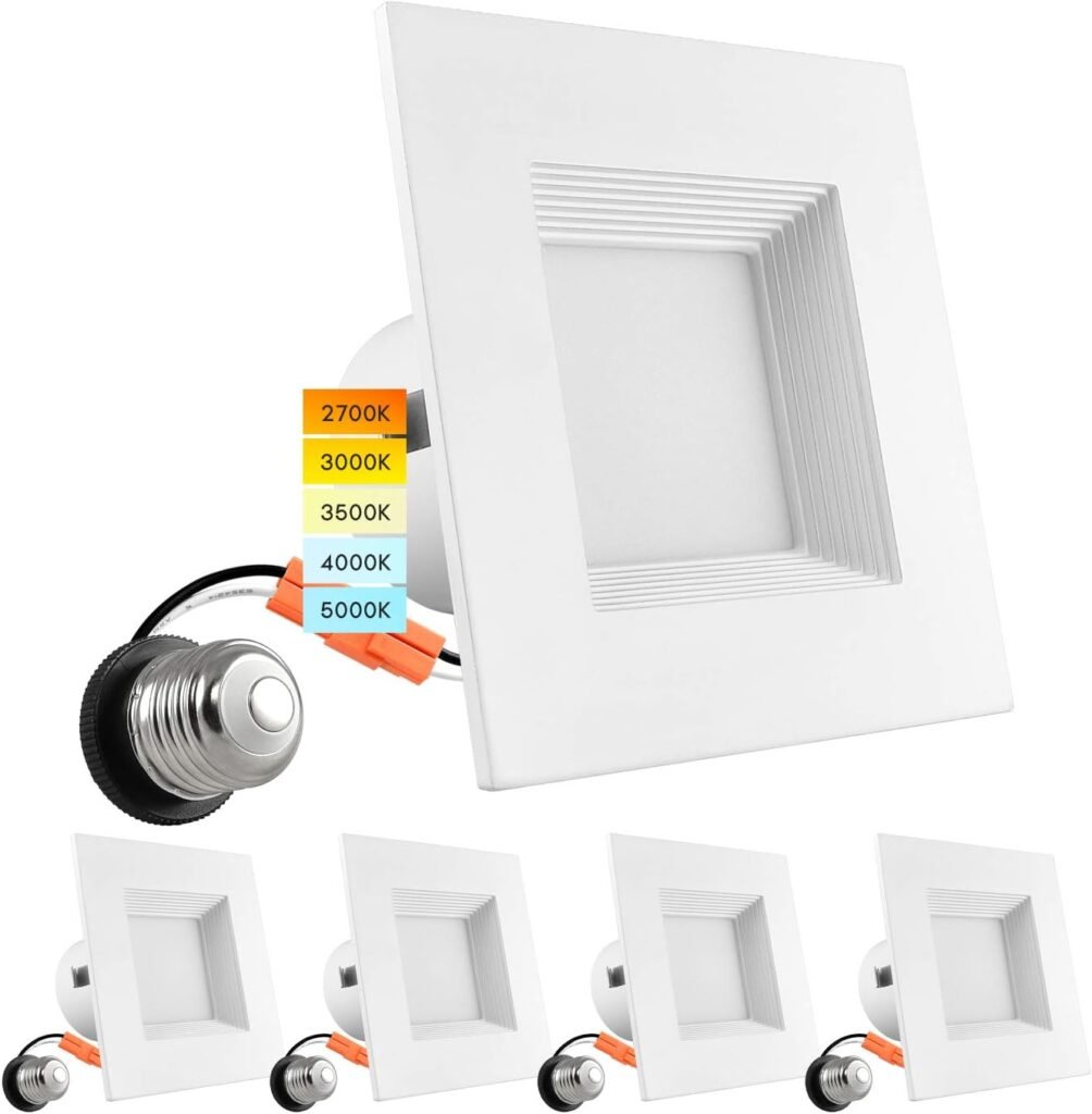 LUXRITE 4 Inch Square Recessed LED Can Lights, Color Temperature Selectable 2700K | 3000K | 3500K | 4000K | 5000K, Dimmable Recessed Lights, 750 Lumens, Energy Star, Wet Rated, Baffle Trim (4 Pack)