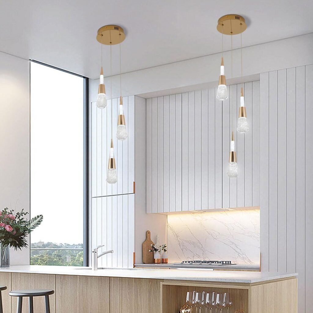 3-Light Pendant Light Kitchen Island, Dimmable Modern Pendant Light Kitchen Luxury Meteor Shower-Style Gold Led Chandelier for Dinning Room