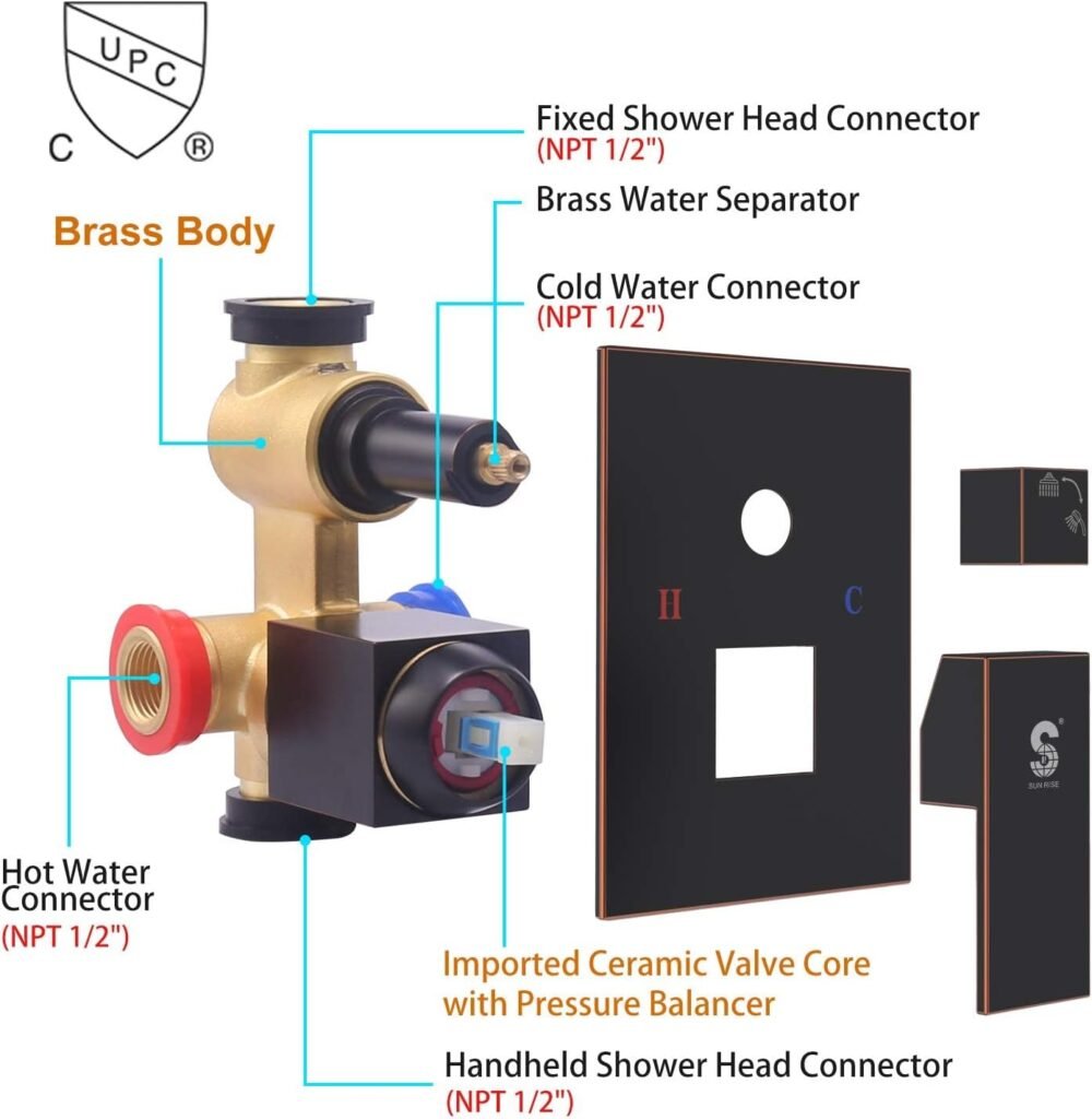 SR SUN RISE 12 Inches Bathroom Luxury Rain Mixer Shower Combo Set Wall Mounted Rainfall Shower Head System Brushed Nickel Finish Shower Faucet Rough-In