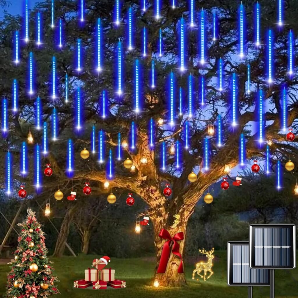 YEGUO 2 Pack Solar Christmas Lights Outdoor, 16 Tubes 288 LED Solar Meteor Lights, Falling Rain Lights for Party Tree Holiday Roof Wedding(Blue)